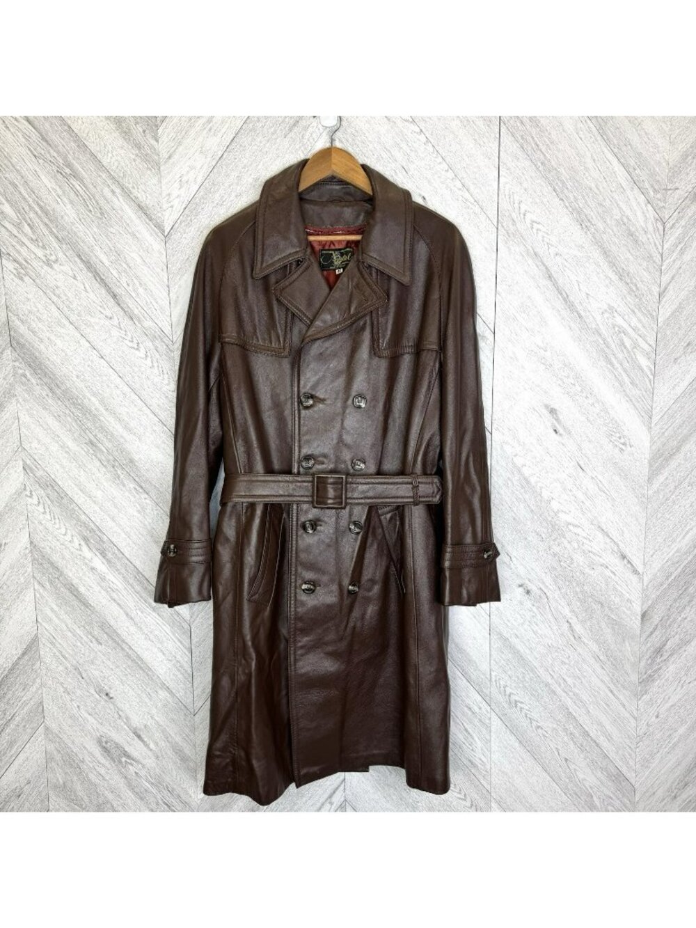 Vintage Nestels Leather Trench Coat Mens 44 (L) Brown Double Breasted With Liner